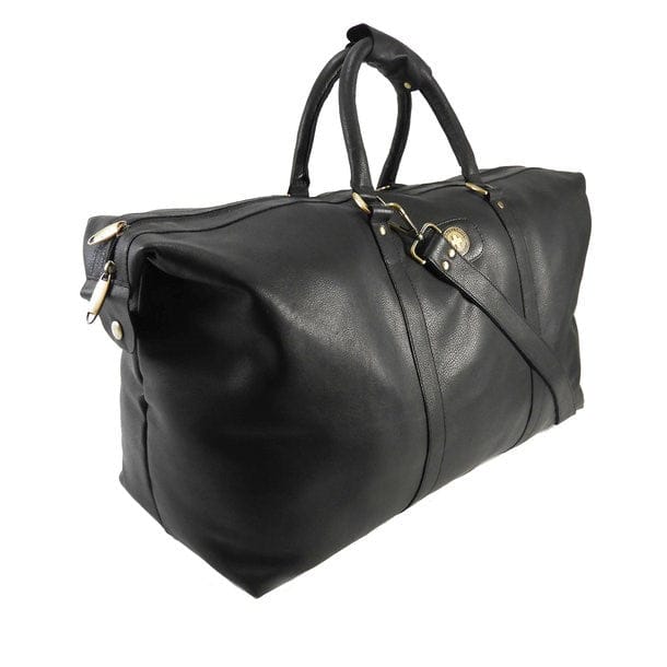 Schwarze Lederreisetasche mit goldenen Details und einem Schultergurt von der Seite