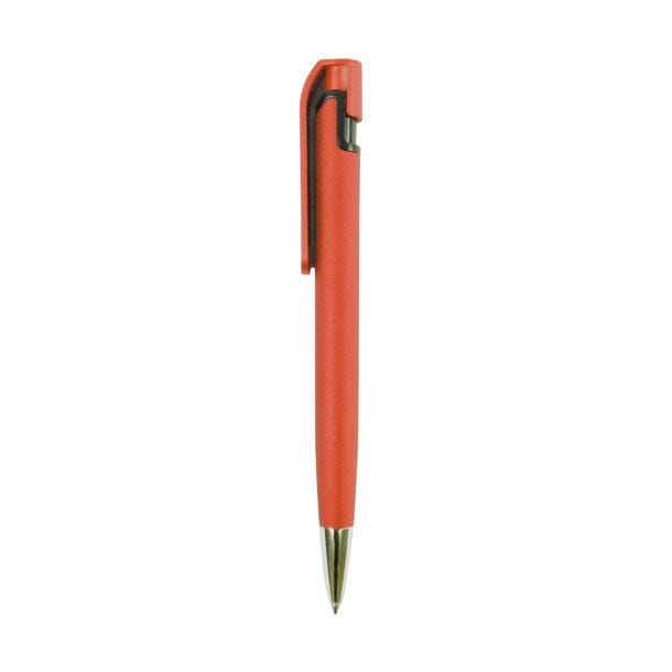 Moderner, roter Kugelschreiber mit silbernen Details von der Seite