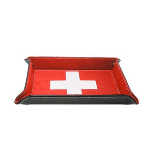 Schwarze Lederpultschale mit rotem Innenleder und Schweizerwappen Design