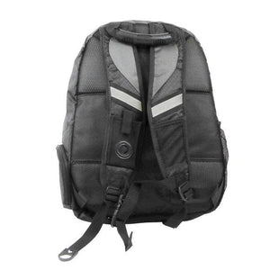Grauer und schwarzer Rucksack von hinten mit Reißverschlussfächern und Frontschnürung