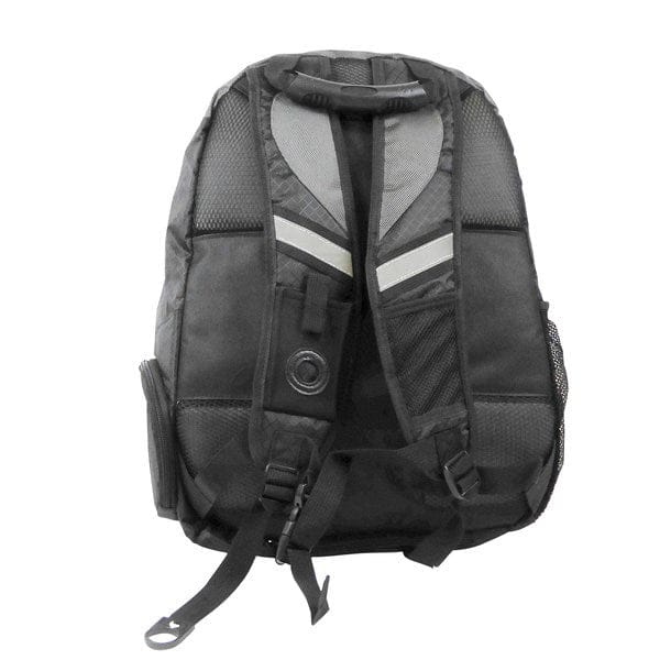 Grauer und schwarzer Rucksack von hinten mit Reißverschlussfächern und Frontschnürung