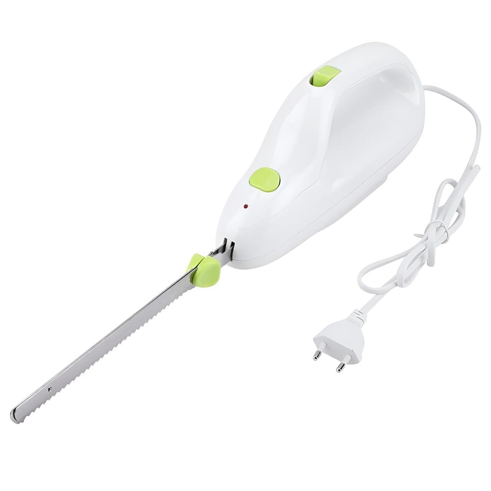 Weises Elektromesser mit silberner Klinge und weissem Kabel