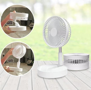 Weisser Tisch- und Standventilator mit Anleitung zur Zusammen- und Ausfaltung