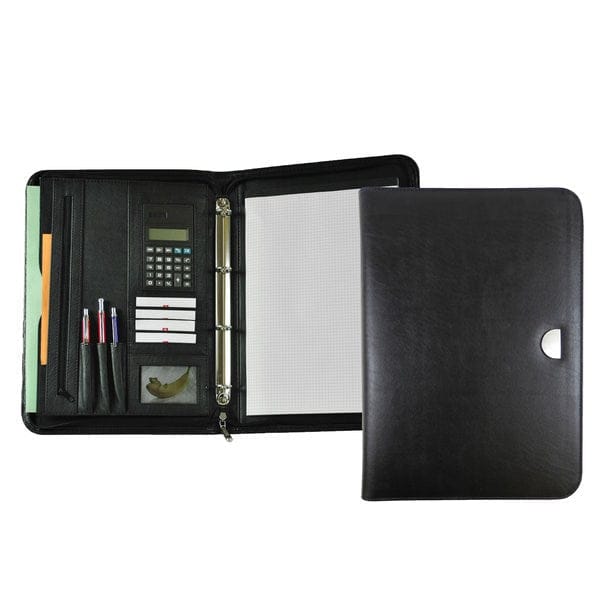 Schwarze Lederschreibmappe mit Fächern für Notizblock, Papier, Stifte und Taschenrechner