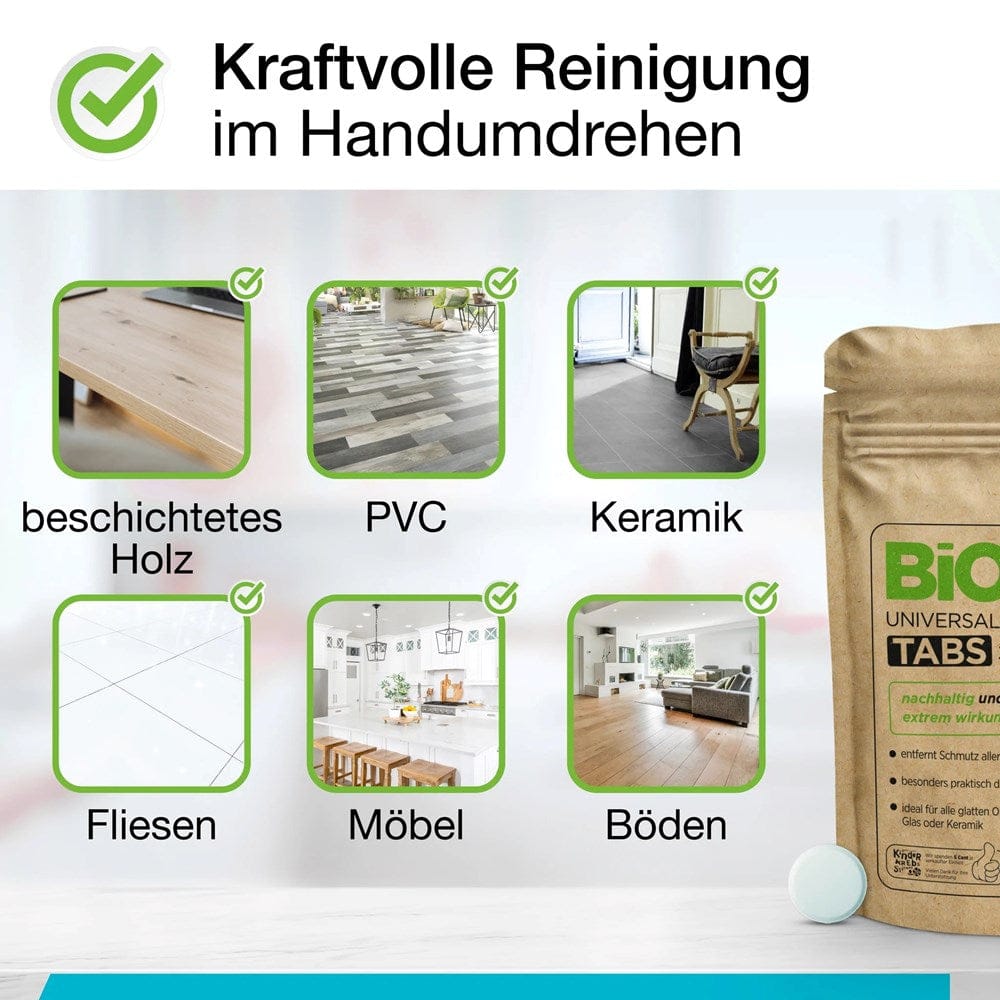 Hellbrauner Beutel mit Universalreiniger-Tabs und einzelner Reinigungstablette daneben und Bilder für welche Oberflächen man es nutzen kann