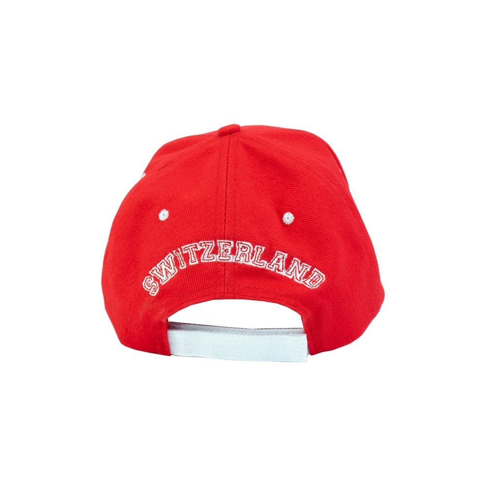 Rückseite der roten Baseball-Cap mit "Switzerland" Schriftzug