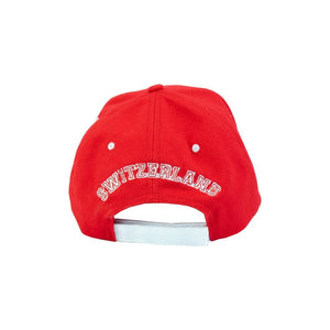 Rückseite der roten Baseball-Cap mit "Switzerland" Schriftzug