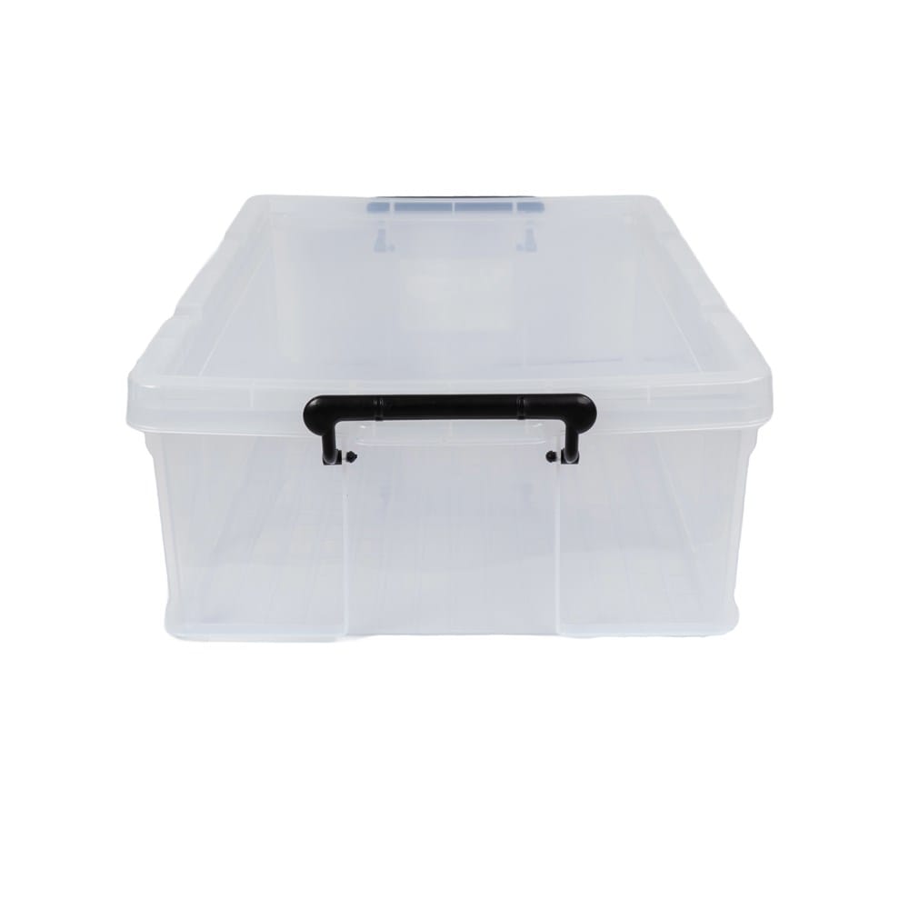 Transparente Aufbewahrungsbox mit schwarzen Henkeln von der Seite