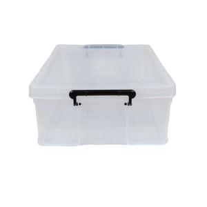 Transparente Aufbewahrungsbox mit schwarzen Henkeln von der Seite