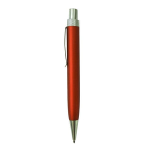 Roter Kugelschreiber mit silbernen Details von der Seite