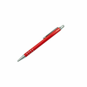 Roter Kugelschreiber mit silbernen Details und Schweizerwappenmuster von der Seite