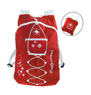Roter Rucksack mit weißen Schultergurten und elastischer Schnürung auf der Vorderseite, inklusive Reißverschlussfach, Netz-Außentasche und Schweizerwappen Design