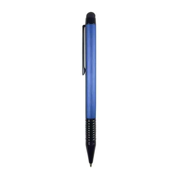 Blauer Kugelschreiber mit schwarzen Details von der Seite