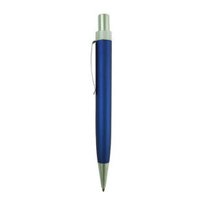 Blauer Kugelschreiber mit silbernen Details von der Seite