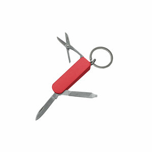 Ausgeklappter, roter Nagelclipper und Schlüsselanhänger mit Klinge, Clipper und Feile