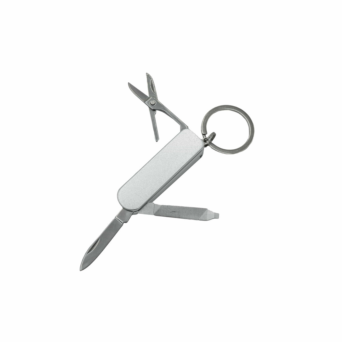 Ausgeklappter, silberner Nagelclipper und Schlüsselanhänger mit Klinge, Clipper und Feile