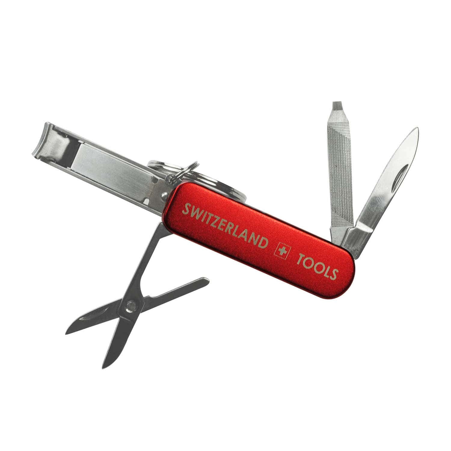 Ausgeklappter, roter Nagelclipper und Schlüsselanhänger mit "Switzerland-Tools" Aufschrift, Klinge, Clipper und Feile