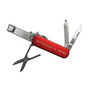 Ausgeklappter, roter Nagelclipper und Schlüsselanhänger mit "Switzerland-Tools" Aufschrift, Klinge, Clipper und Feile