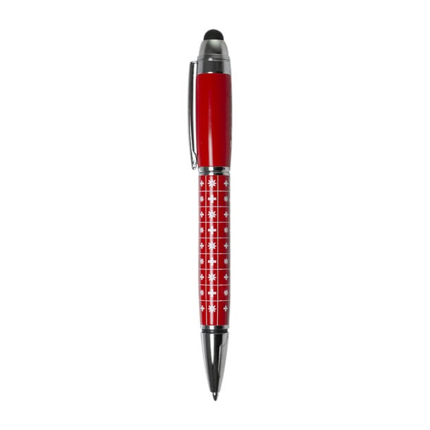 Roter Kugelschreiber mit Schweizerwappenmuster von der Seite