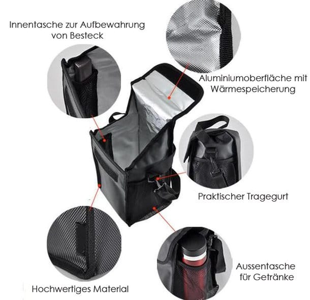 Schwarze Tragtasche mit silbernem Innenstoff und Produktdetails