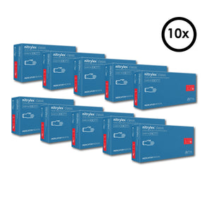 10er-Box von Nitrilhandschuhen in blauen Kartonverpackungen Grösse L