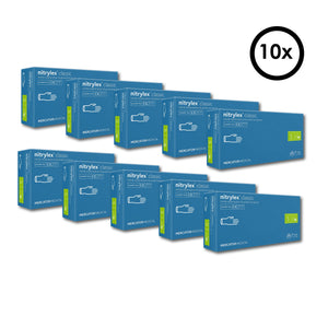 10er-Box von Nitrilhandschuhen in blauen Kartonverpackungen Grösse S