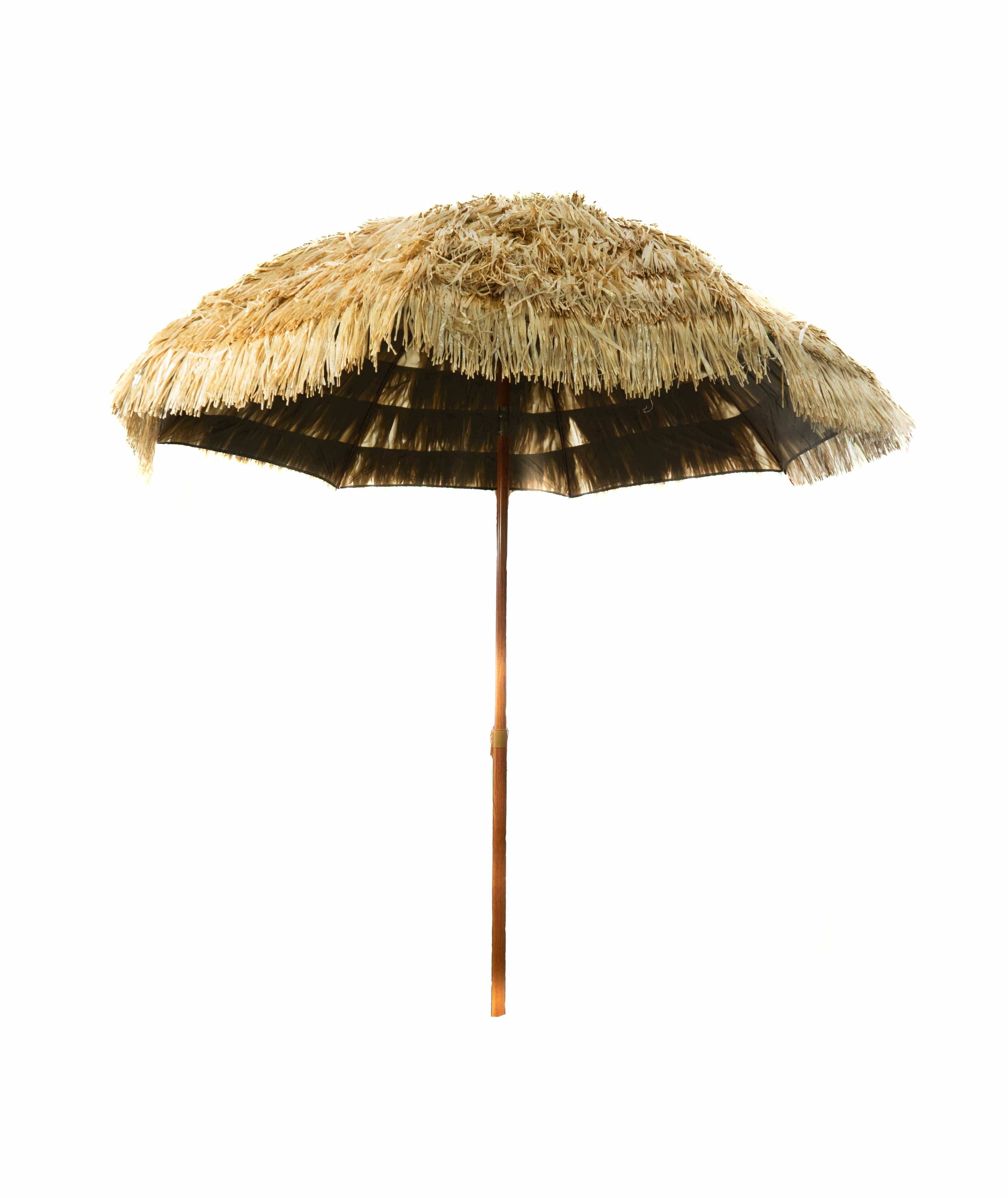 Beiger Sonnenschirm mit Holz Ständer im Hawaii Stil