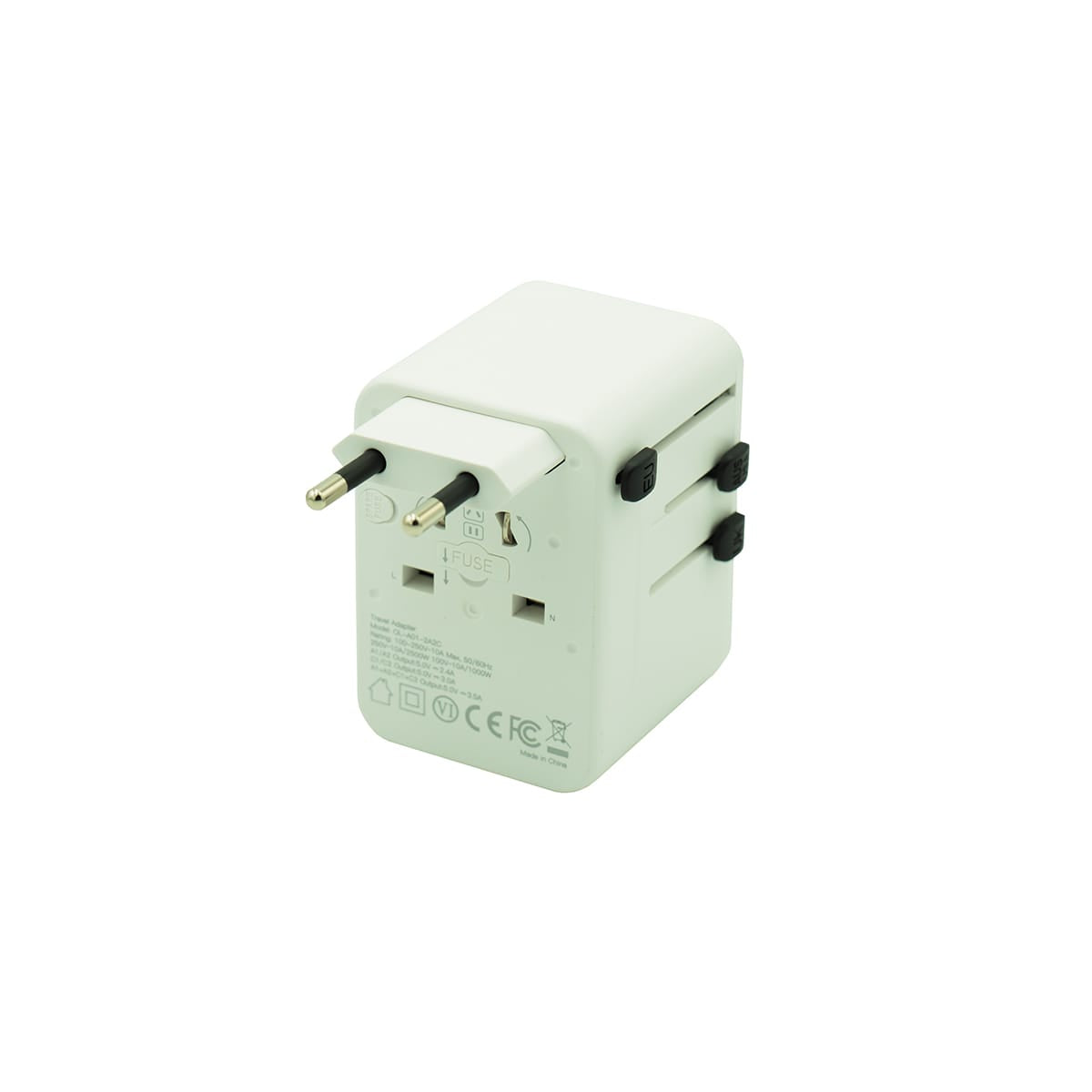 Weisser Weltreisestecker mit verschiedenen Anschlüssen von hinten