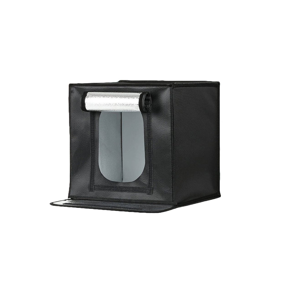 Schwarze, zusammenklappbare Fotobox mit einer Öffnung