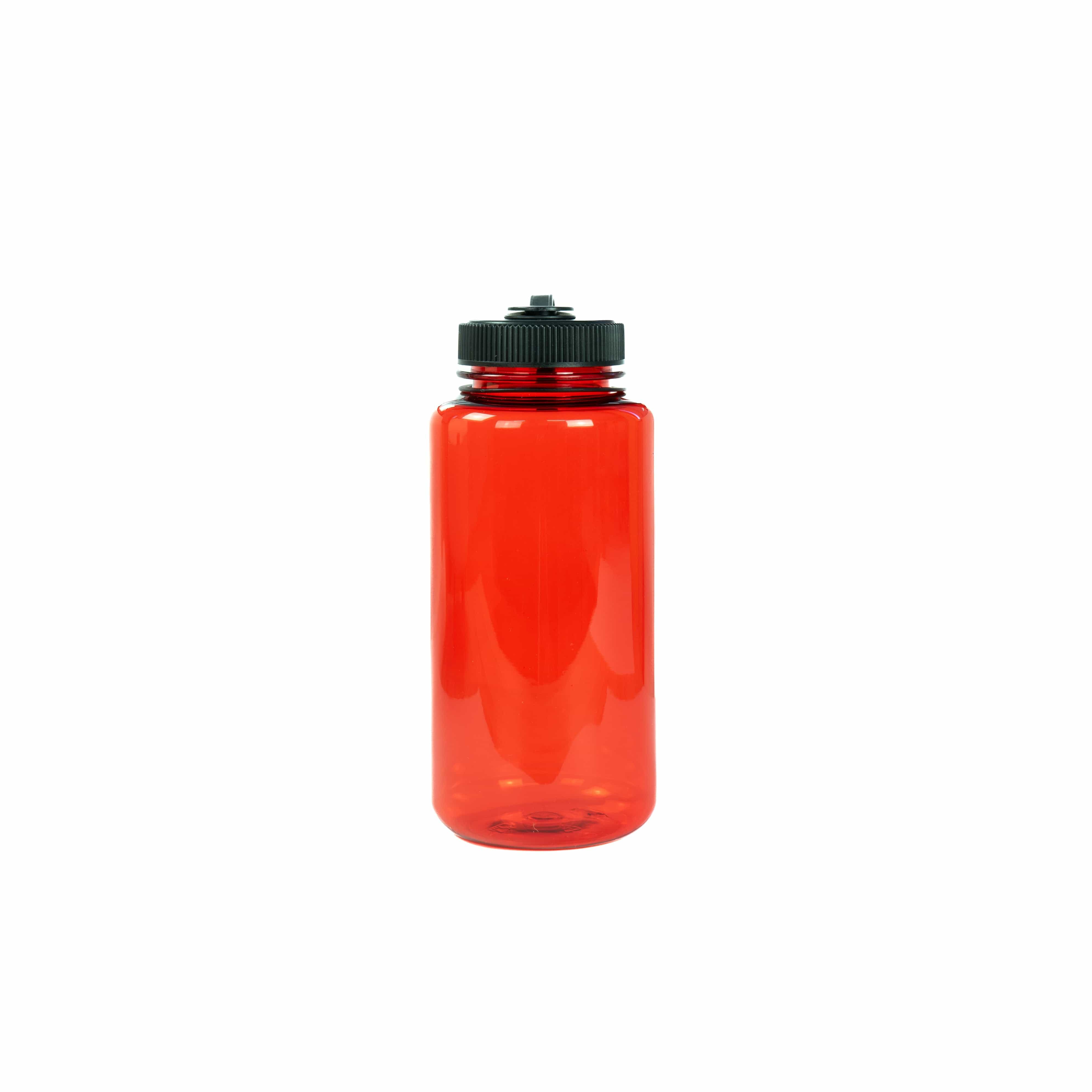 Rote, transparente Trinkflasche mit schwarzem Deckel
