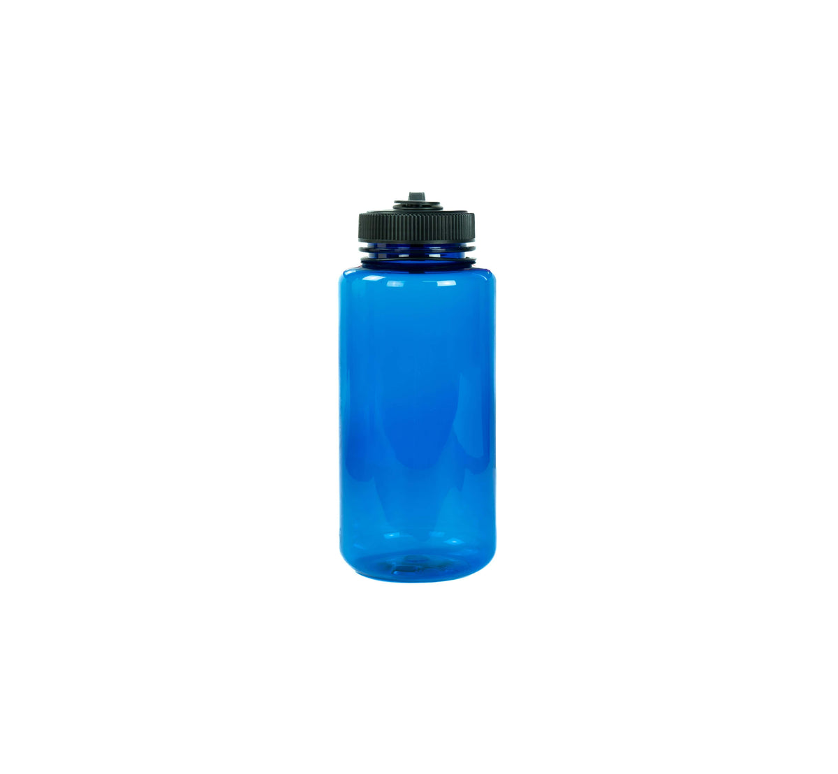 Blaue, transparente Trinkflasche mit schwarzem Deckel