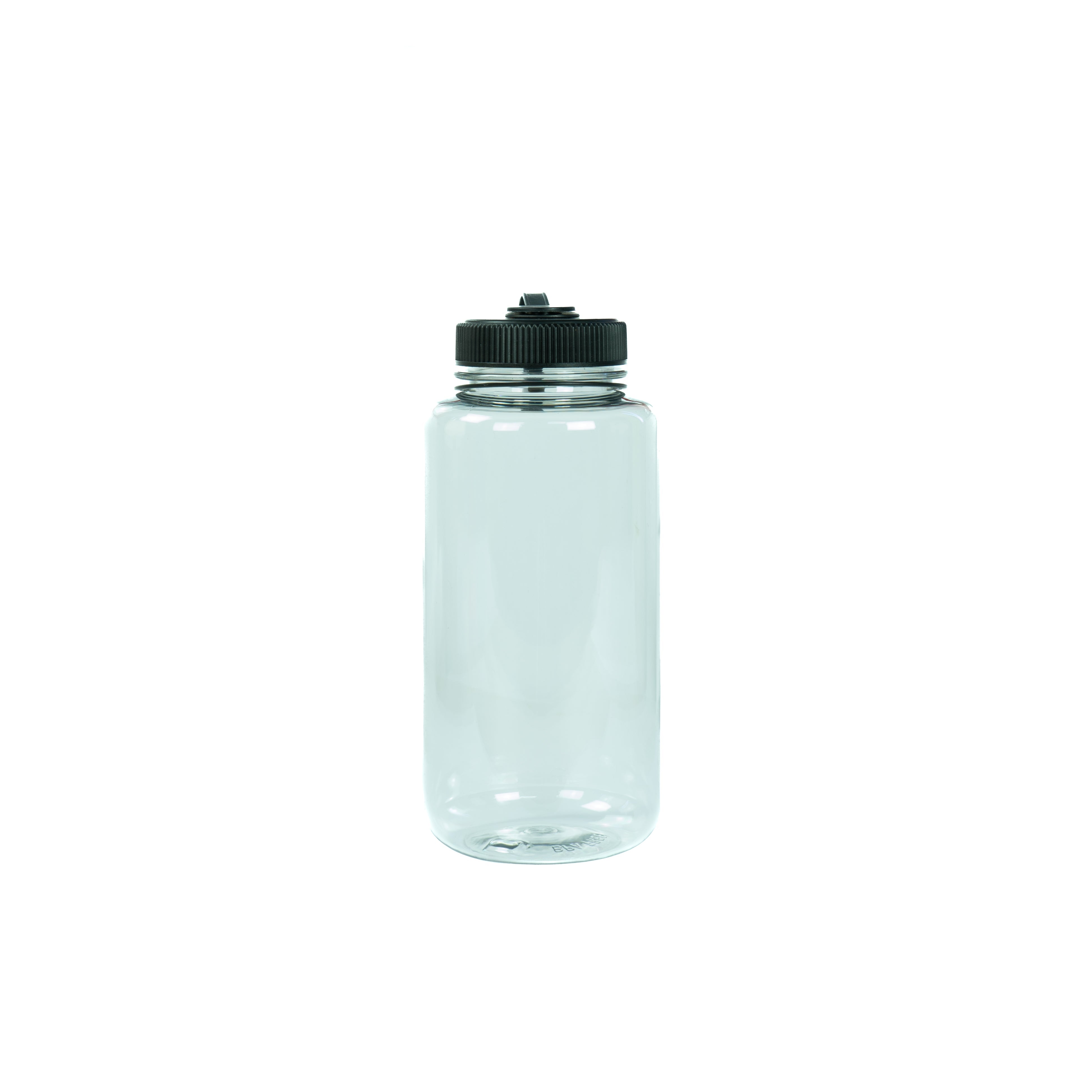 Weisse, transparente Trinkflasche mit schwarzem Deckel