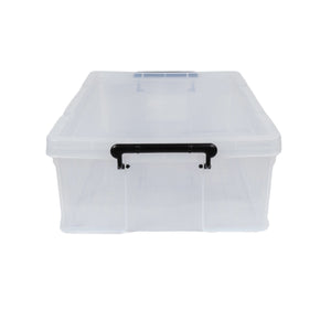 Transparente Aufbewahrungsbox mit schwarzen Henkeln von der Seite