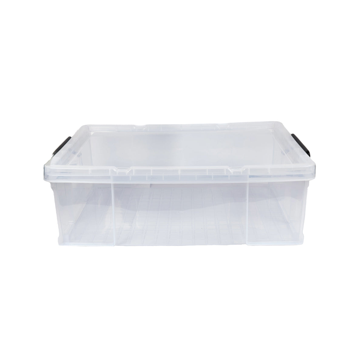 Transparente Aufbewahrungsbox mit schwarzen Henkeln von vorne