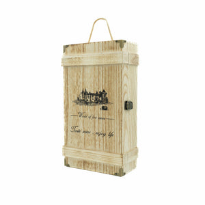 Holzkiste für Wein mit schwarzer Aufschrift und Burgabbildung