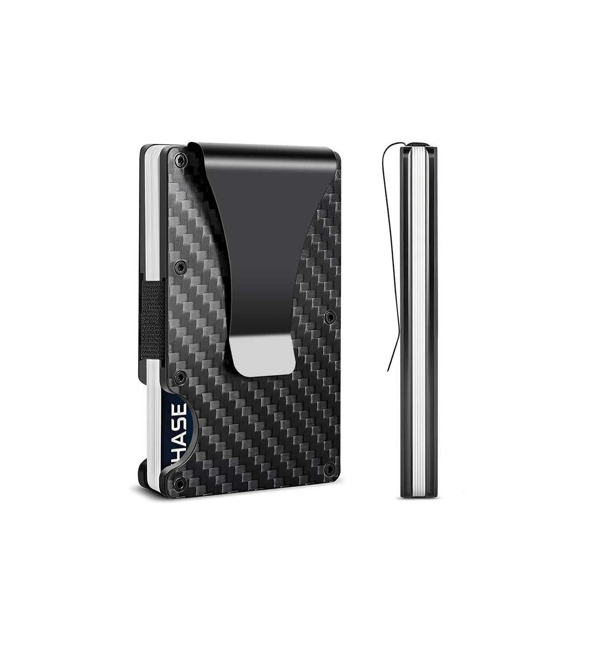 Schwarzer Carbon Card Holder mit silbernen Details von der Seite