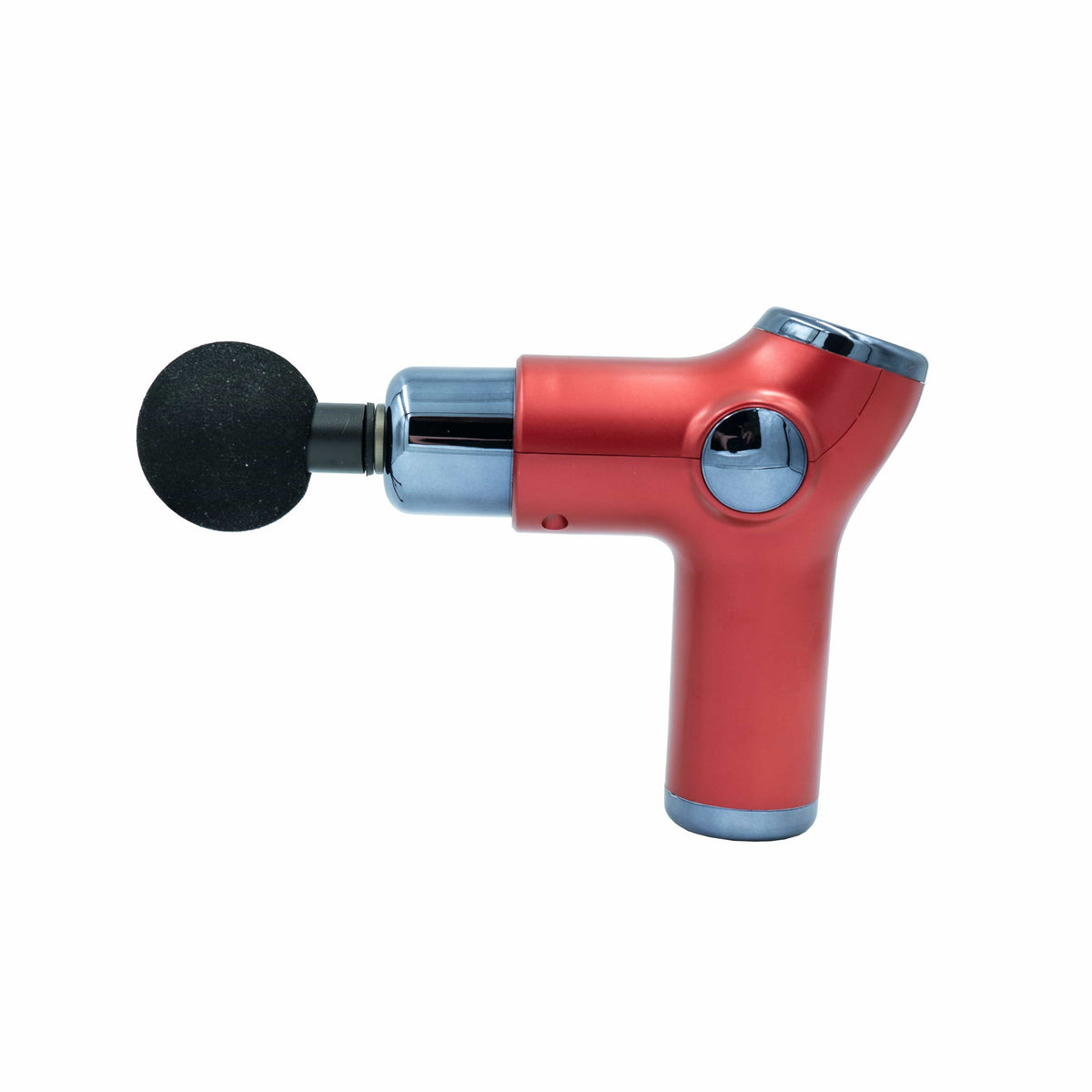 Rote Massage-Gun mit silbernen Details von der Seite