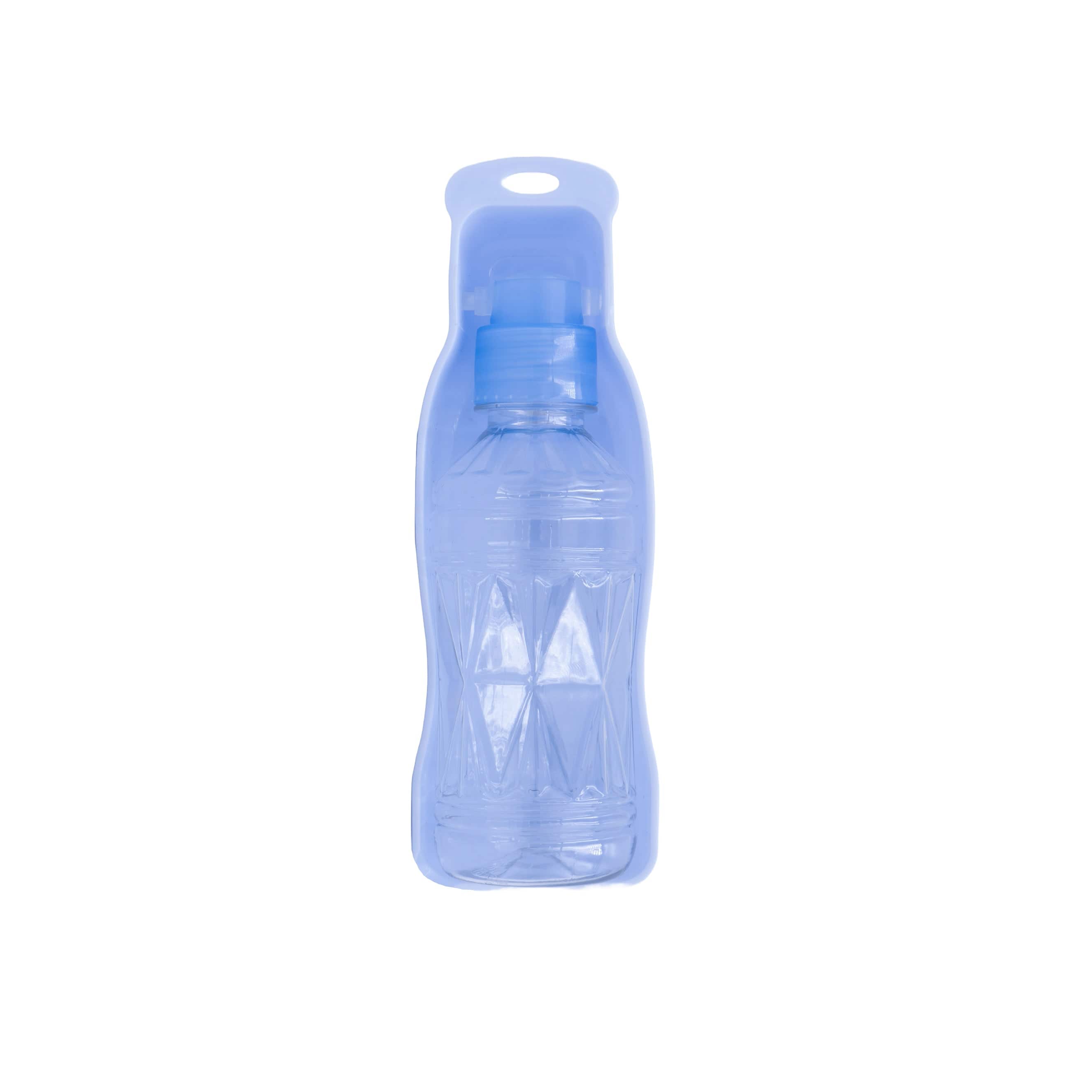 Hellblaue, einklappbare Haustiertrinkflasche eingeklappt von oben