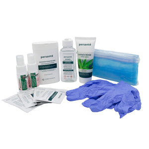 Schutz- und Reise-Set mit Desinfektionstüchern, Desinfektionsmittel, Handcreme, Gummihandschuhen, Gesichtsmasken, Mückenspray und Zeckenspray