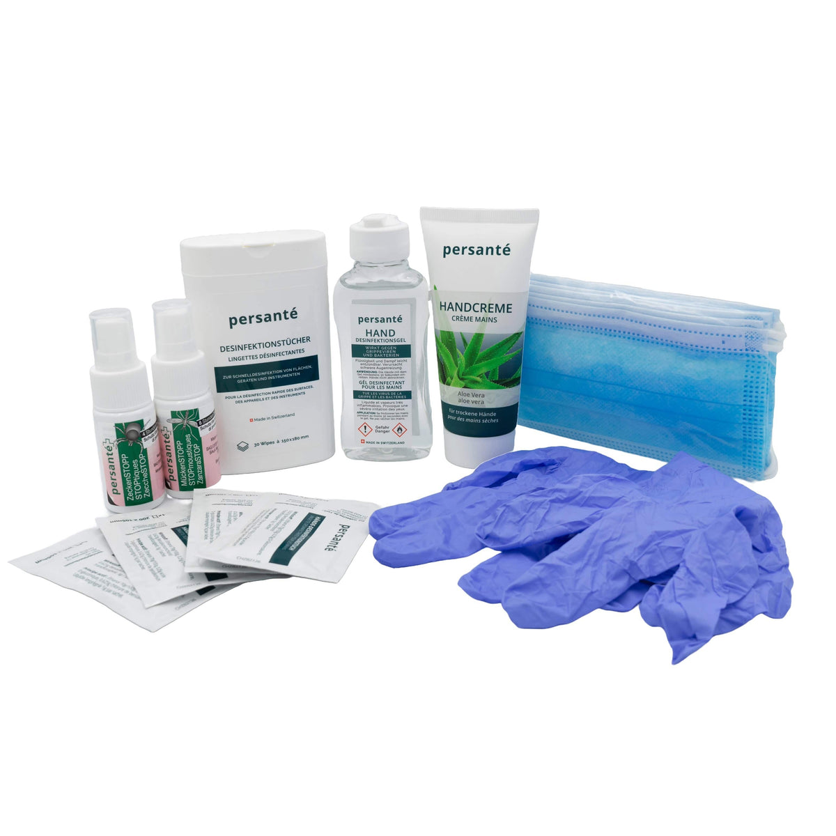 Schutz- und Reise-Set mit Desinfektionstüchern, Desinfektionsmittel, Handcreme, Gummihandschuhen, Gesichtsmasken, Mückenspray und Zeckenspray