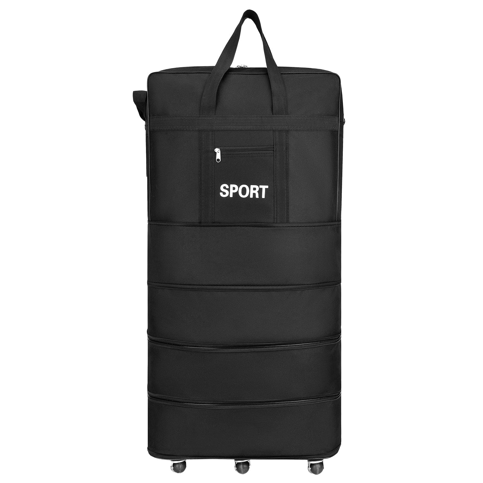 Schwarze, faltbare Sporttasche mit Rädern von vorne