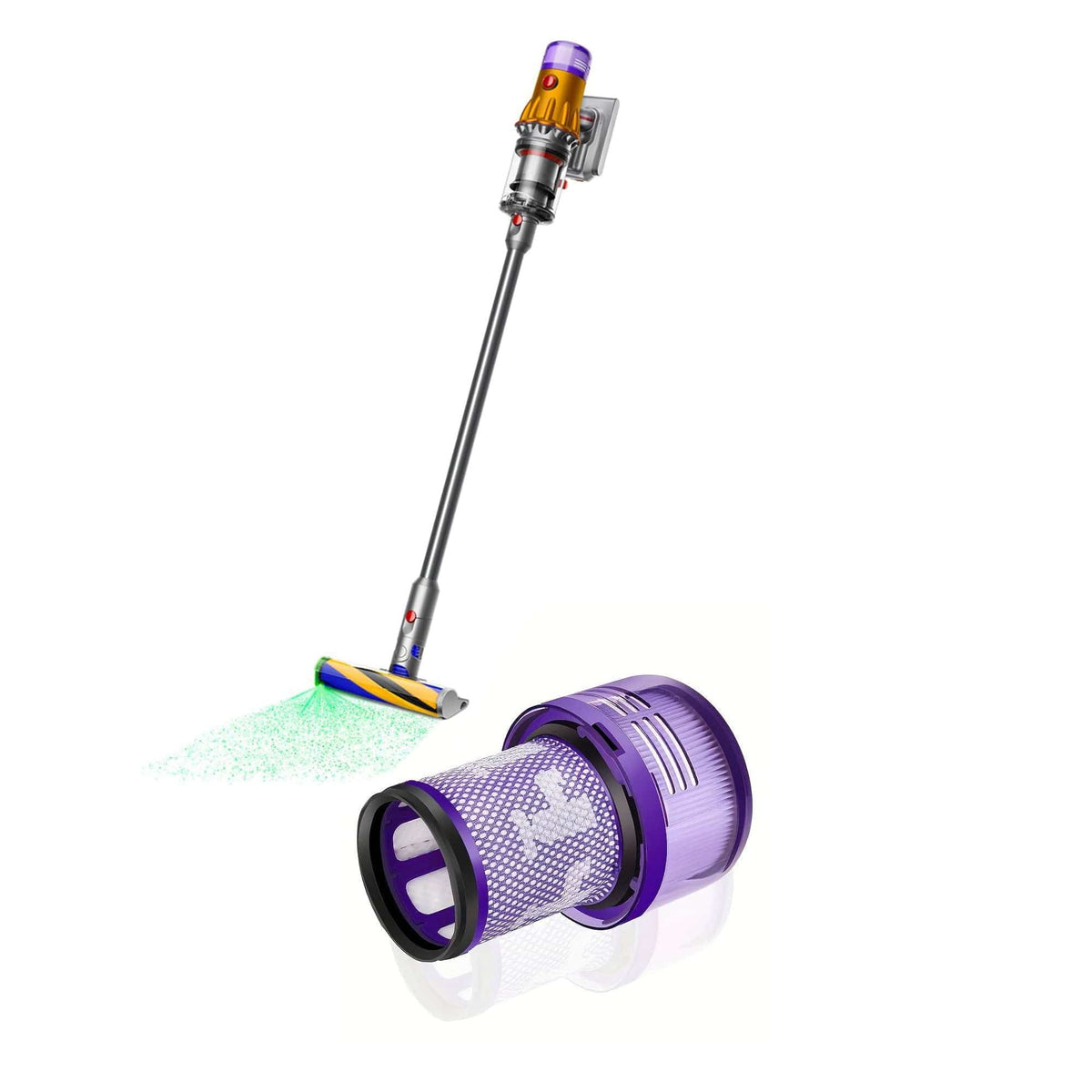 Lila Staubsaugfilter für Dyson mit Anwendungsbeispiel