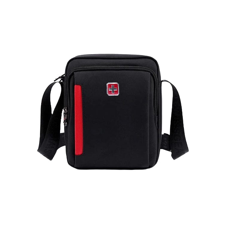 Schwarze Tasche mit Schultergurt und Schweizerwappen Badge von vorne