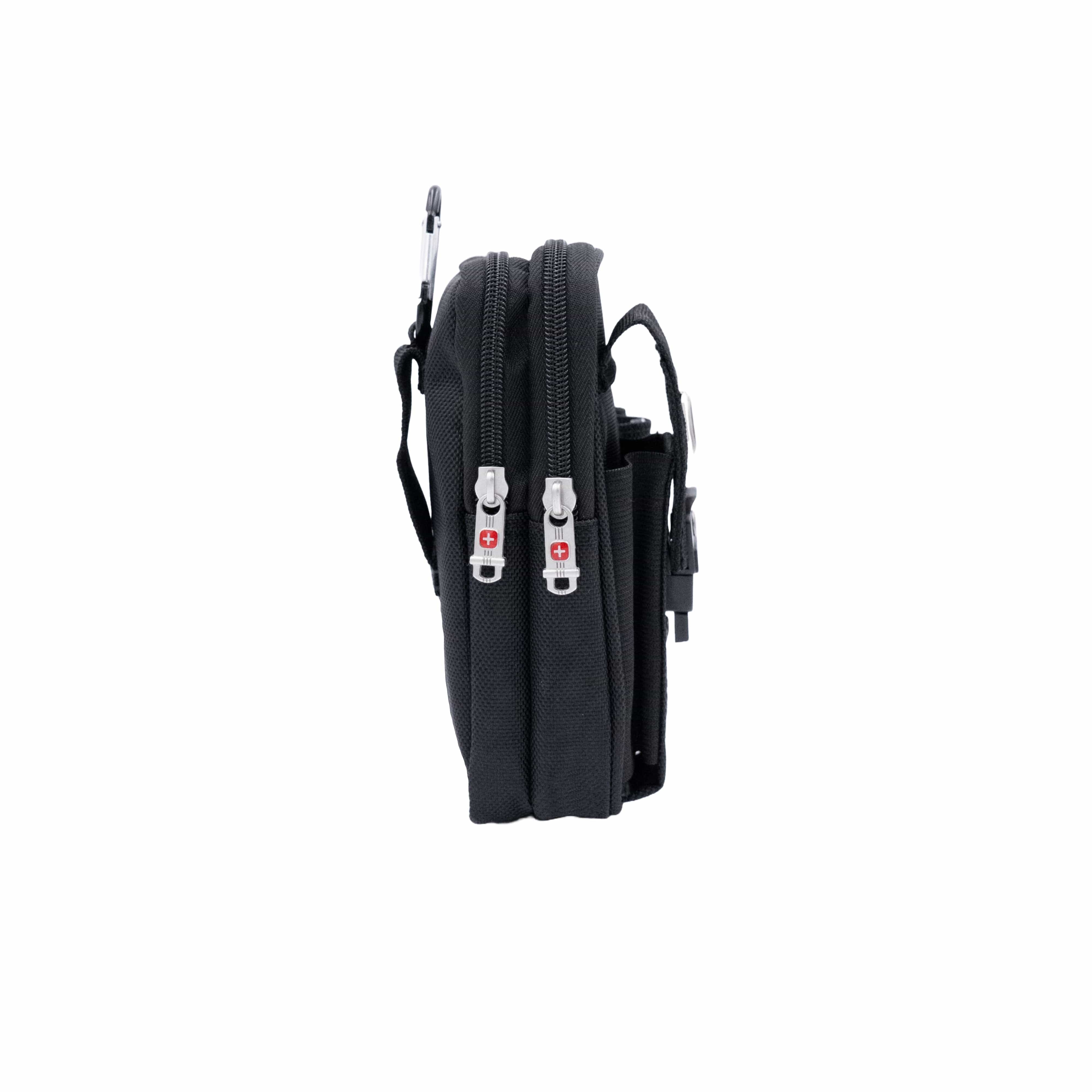 Schwarze Gürteltasche mit Schweizerwappen Badge und entfernbarem Gurt von der anderen Seite