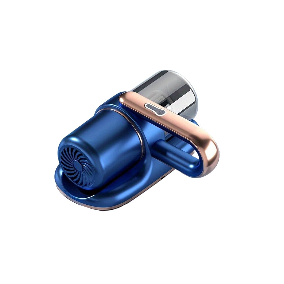 Blau-rosegoldener, kabelloser Matratzenstaubsauger von der Seite