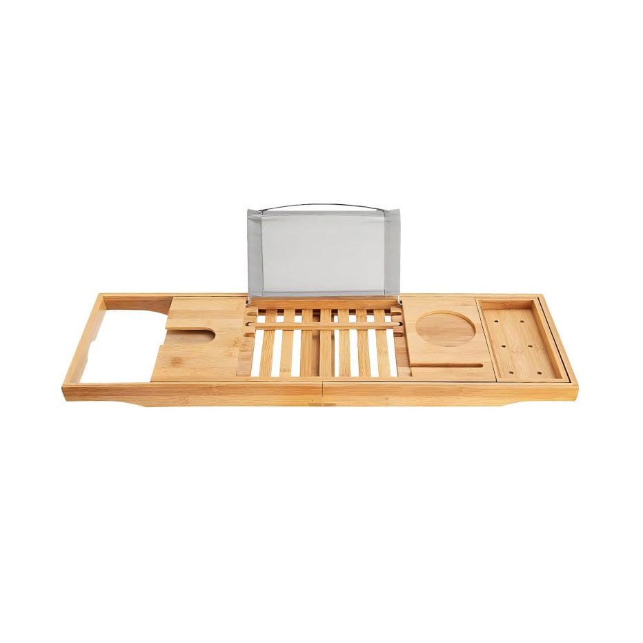 Hölzerne Badewannenablage mit Platz für Gläser, Handy, iPad, Laptop und einer Abstellfläche