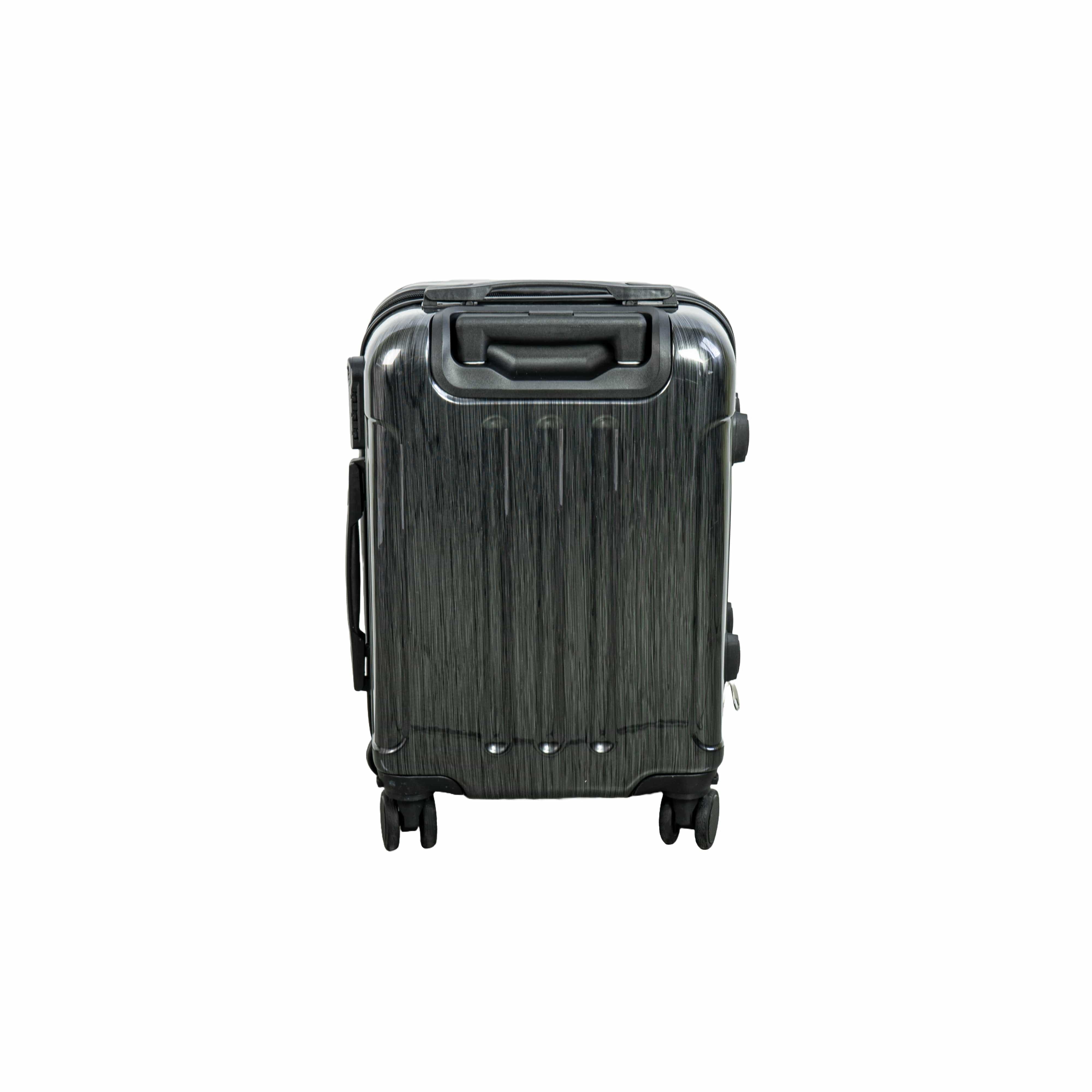 Silberner Reisekoffer mit schwarzen Details von hinten