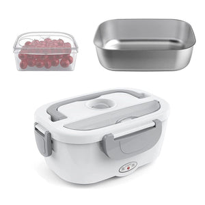 Weisse, elektrische Lunchbox mit grauen Details, einer Metallschüssel und einem Plastikfach