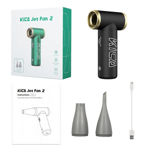 Schwarzer Ventilator mit goldenen Details, weisser Aufschrift verschiedenen Aufsätzen und Kartonverpackung