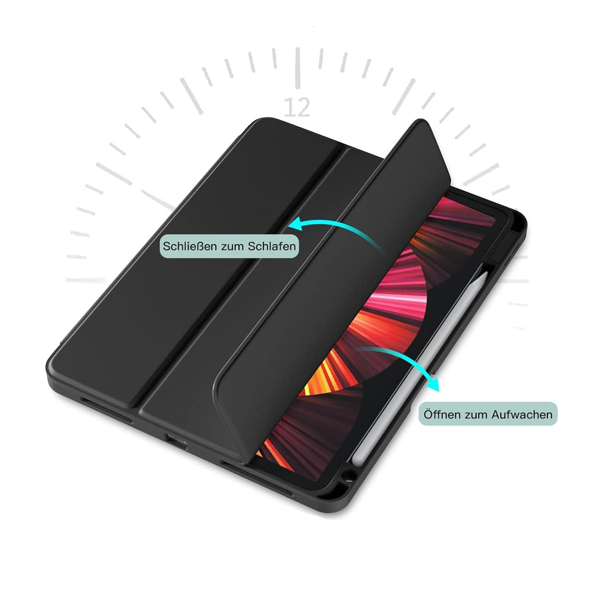Schwarze, magnetische iPad Hülle mit Erklärung des Öffnungsvorgangs